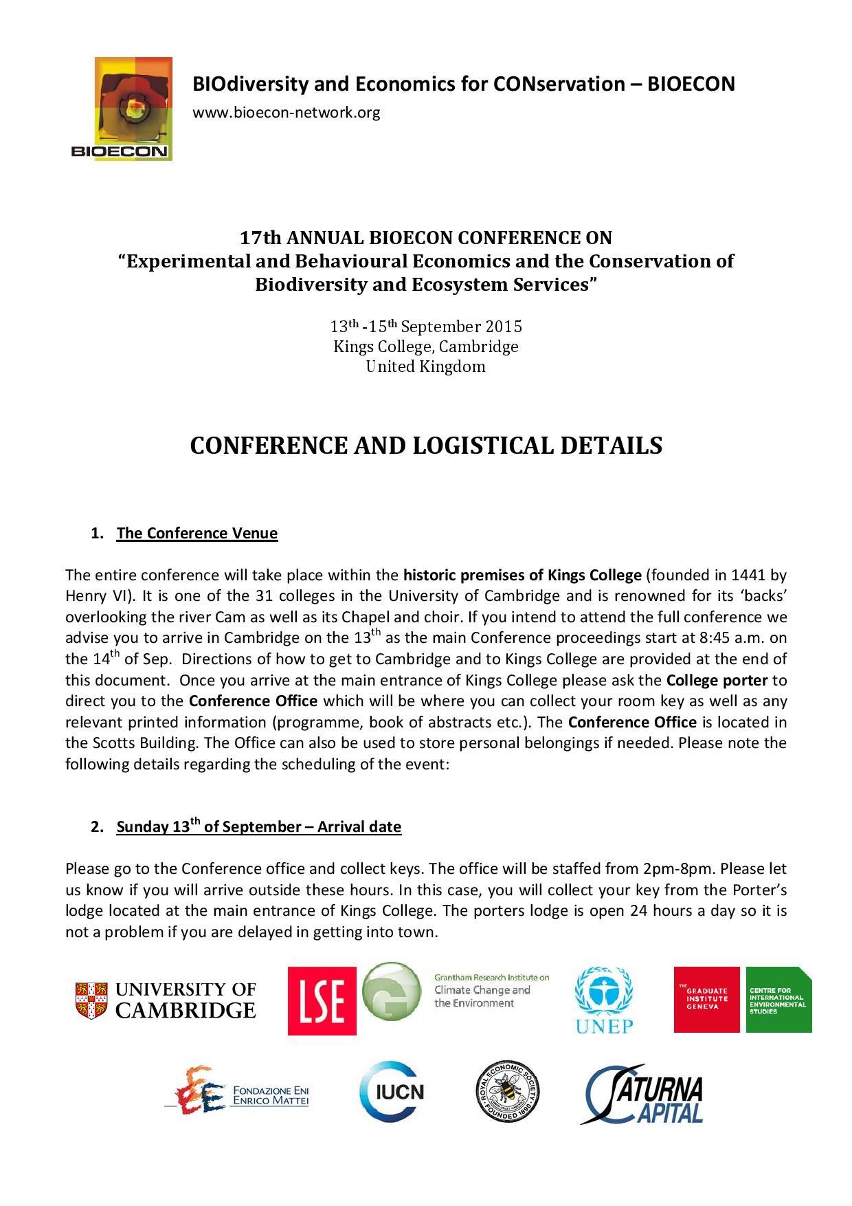 17th ANNUAL BIOECON CONFERENCE ON "Experimental and Behavioural Economics and the Conservation of Biodiversity and Ecosystem Services"