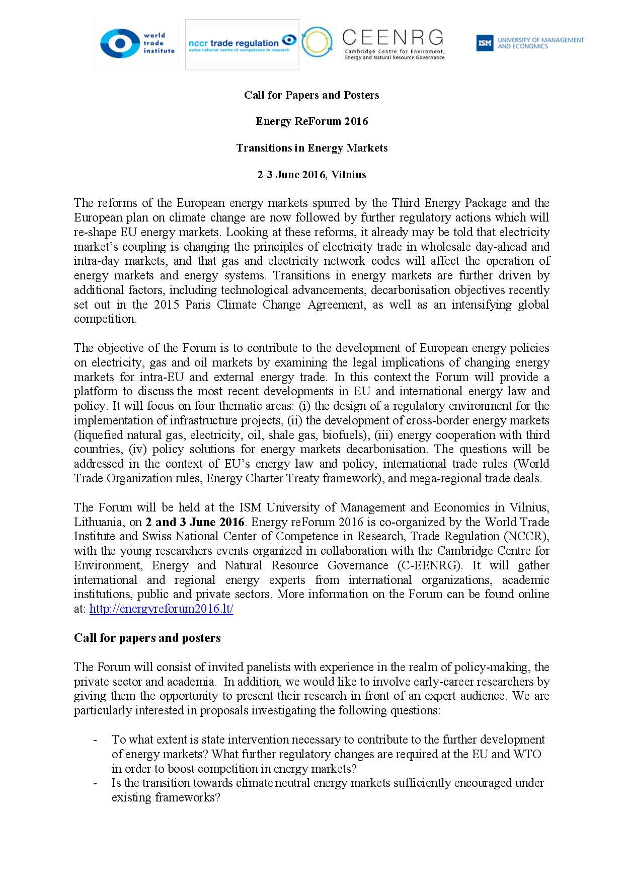 Call for Papers and Posters - Energy ReForum 2016 on Transitions in Energy Markets