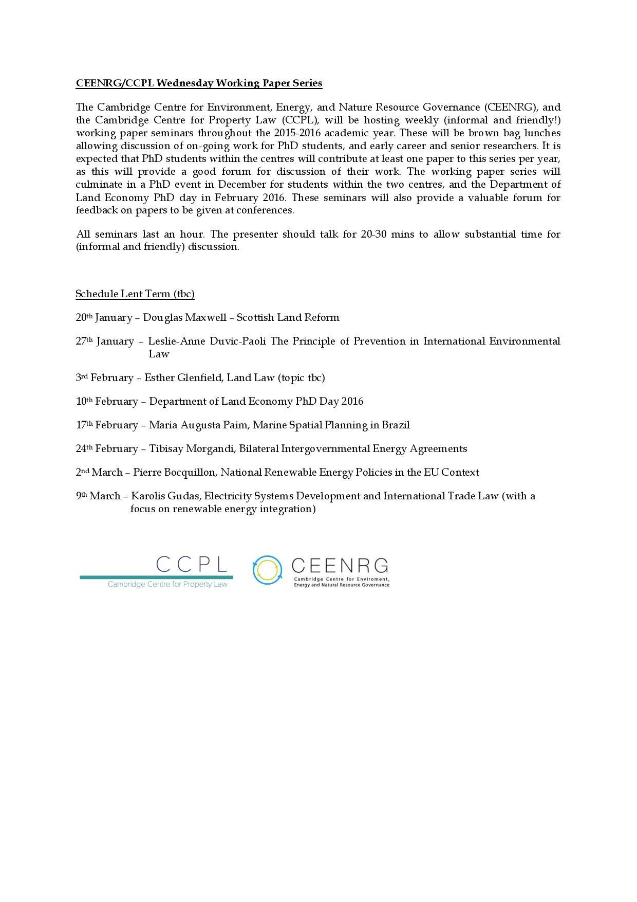 CEENRG/CCPL Seminar Series (2016 Lent Term)