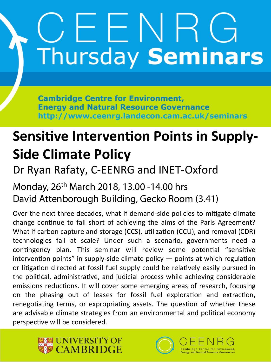 CEENRG Seminar on Sensitive Intervention Points in Supply-Side Climate Policy
